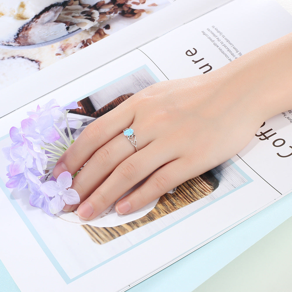 Oval Opal Hollow Heart Shape Sterling Silver Ring