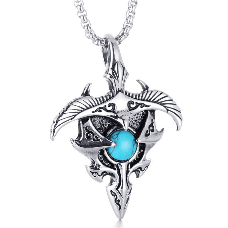 Titanium Steel Turquoise Eagle Pendant Necklace for Men - Retro Punk Style Stainless Steel Casting Design