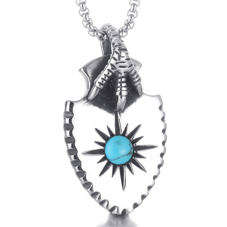 Titanium Steel Takahashi Turquoise Feather Pendant Necklace - Retro Punk Men's Eagle Claw Shield Design
