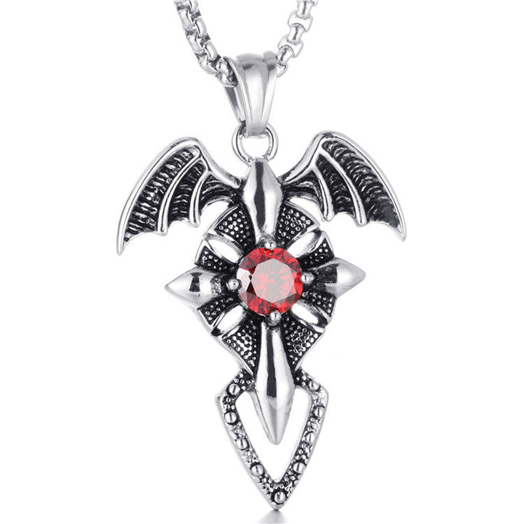Punk Retro Titanium Steel Wing Cross Pendant Necklace with Red Zircon for Men