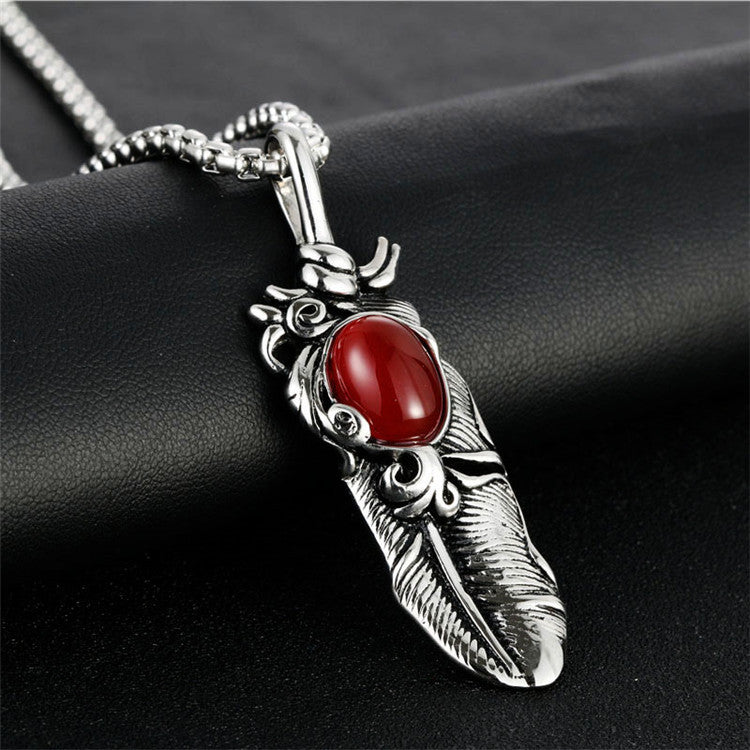Punk-Inspired Titanium Steel Agate Pendant Necklace for Men – Retro Trendy Design with Gemstone Feather Accent