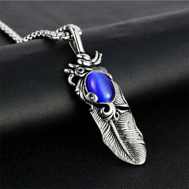 Punk-Inspired Titanium Steel Agate Pendant Necklace for Men – Retro Trendy Design with Gemstone Feather Accent
