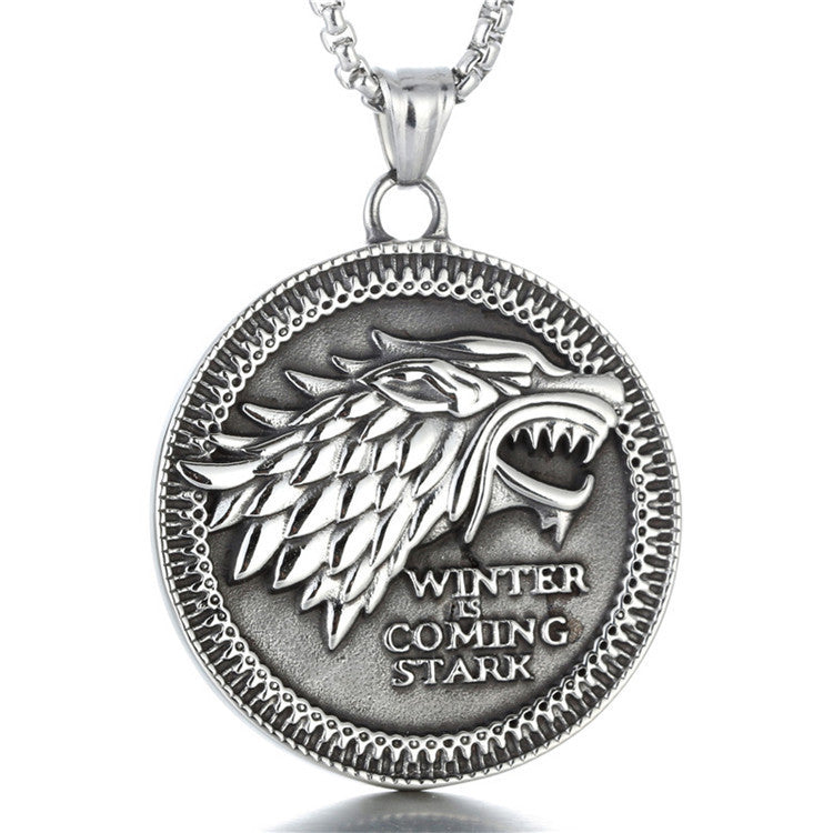 Titanium Steel Direwolf Pendant Necklace for Men - Vintage Punk Style Inspired by Song of Ice and Fire