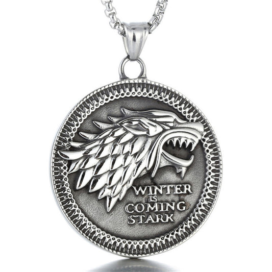 Titanium Steel Direwolf Pendant Necklace for Men - Vintage Punk Style Inspired by Song of Ice and Fire