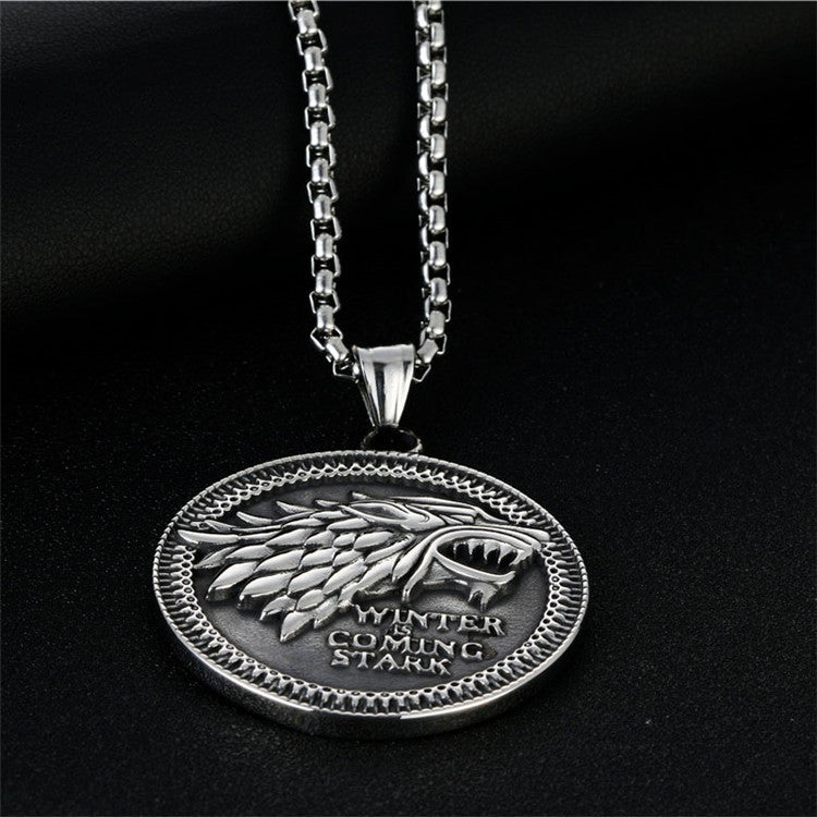 Titanium Steel Direwolf Pendant Necklace for Men - Vintage Punk Style Inspired by Song of Ice and Fire