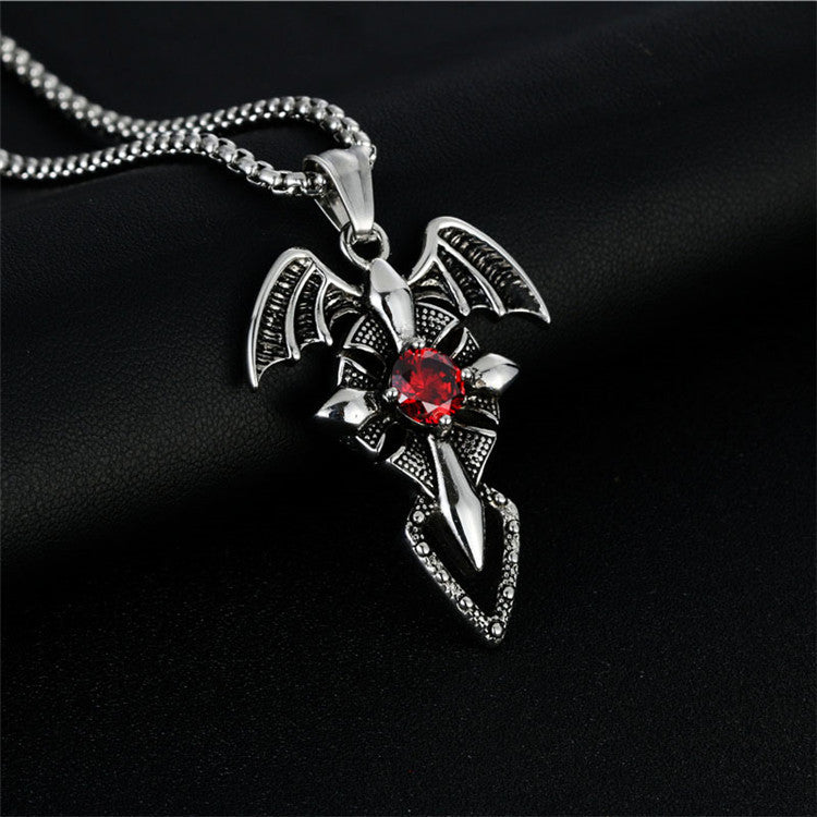 Punk Retro Titanium Steel Wing Cross Pendant Necklace with Red Zircon for Men