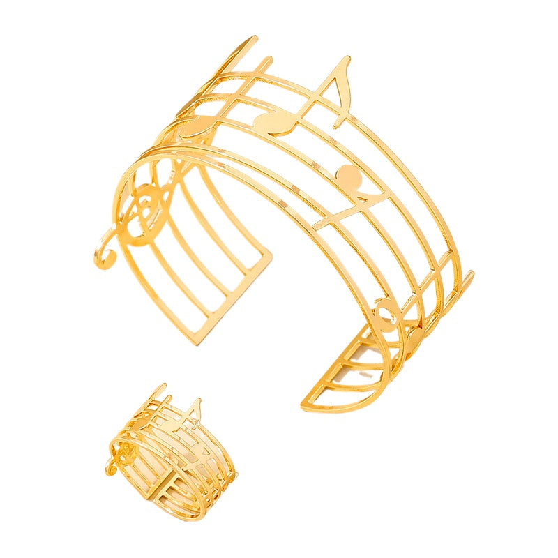 Fashionable Metal Music Note Bracelet Ring Set for Women