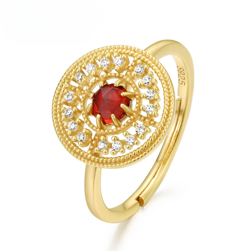 Zircon Disc Round Natural Red Garnet Opening Sterling Silver Ring