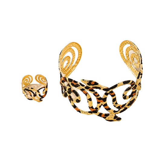 Fashionable Leopard Print Snake Bracelet Ring Set for Women