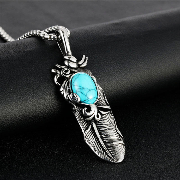 Punk-Inspired Titanium Steel Agate Pendant Necklace for Men – Retro Trendy Design with Gemstone Feather Accent