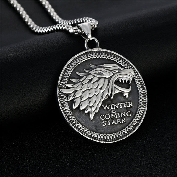 Titanium Steel Direwolf Pendant Necklace for Men - Vintage Punk Style Inspired by Song of Ice and Fire
