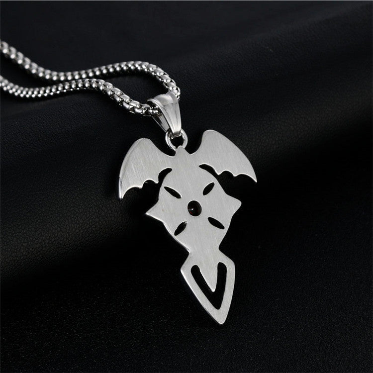 Punk Retro Titanium Steel Wing Cross Pendant Necklace with Red Zircon for Men