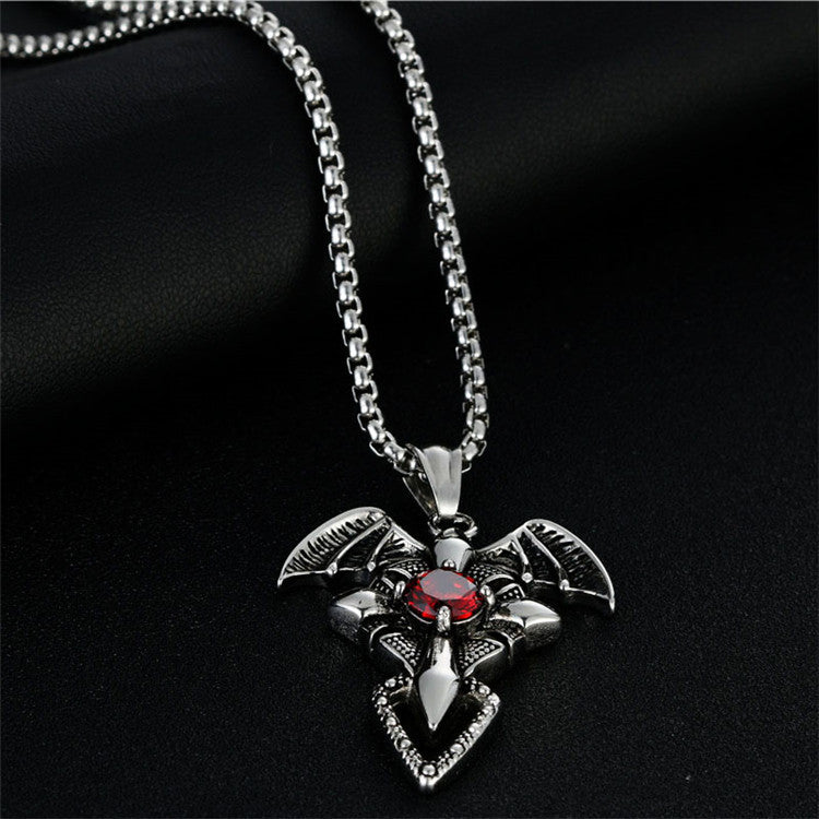 Punk Retro Titanium Steel Wing Cross Pendant Necklace with Red Zircon for Men