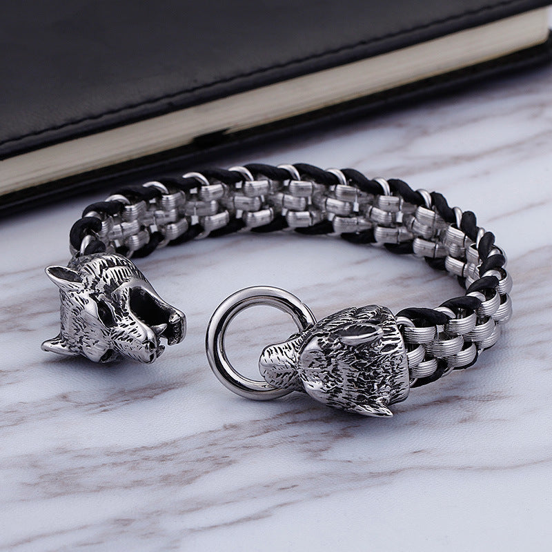 Men's Titanium Steel Woven Rhombus Bracelet with Fashion Punk Double Wolf Head Buckle
