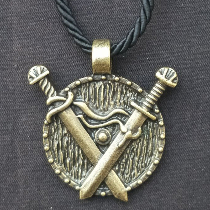 Viking Heritage Double Sword Totem Pendant Necklace - Men's Medieval Jewelry