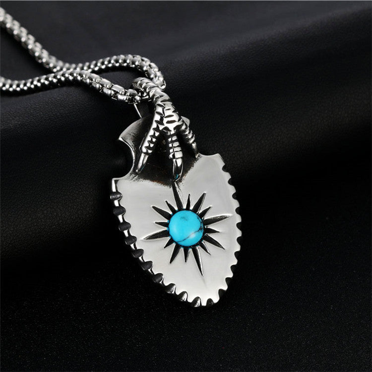 Titanium Steel Takahashi Turquoise Feather Pendant Necklace - Retro Punk Men's Eagle Claw Shield Design