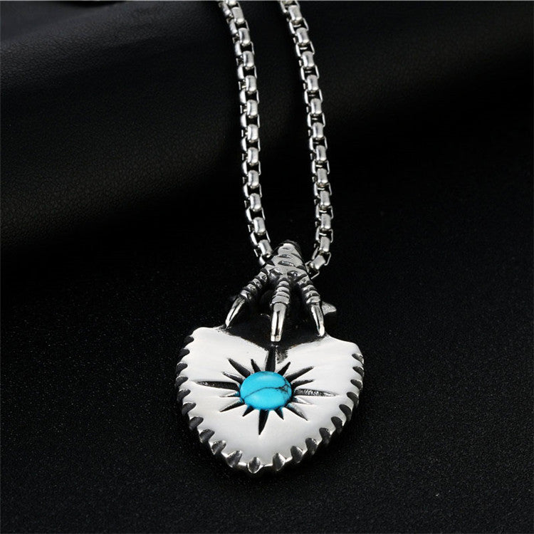 Titanium Steel Takahashi Turquoise Feather Pendant Necklace - Retro Punk Men's Eagle Claw Shield Design