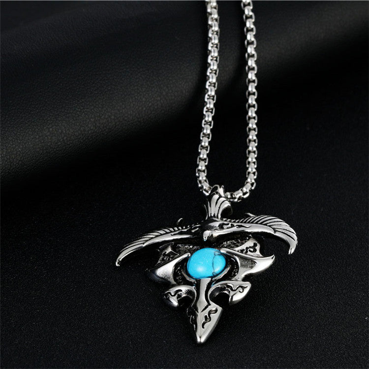 Titanium Steel Turquoise Eagle Pendant Necklace for Men - Retro Punk Style Stainless Steel Casting Design