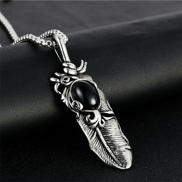 Punk-Inspired Titanium Steel Agate Pendant Necklace for Men – Retro Trendy Design with Gemstone Feather Accent