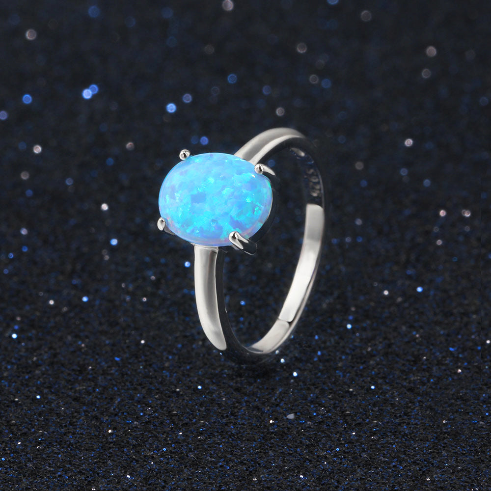 Solitaire Oval Blue Opal Polished Sterling Silver Ring
