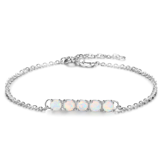 Single Row of Five Round Opal Steling Silver Bracelet