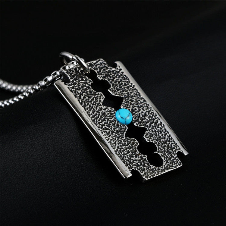 Vintage Titanium Steel Turquoise Razor Pendant Necklace for Trendy Men - Direct from Manufacturer