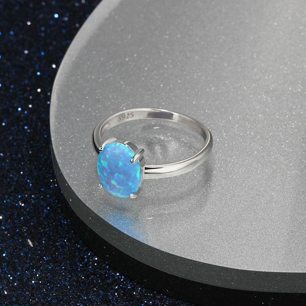 Solitaire Oval Blue Opal Polished Sterling Silver Ring