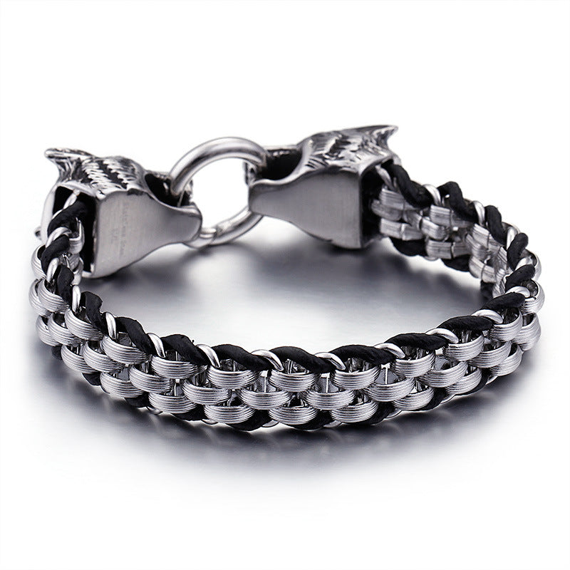Men's Titanium Steel Woven Rhombus Bracelet with Fashion Punk Double Wolf Head Buckle