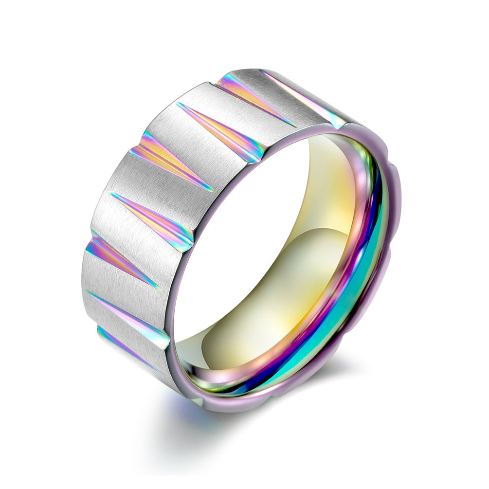 Planderful Titanium Steel Ring Geometric Color Stripes For Hip Hop Street Fashion Men Sizes 7-12