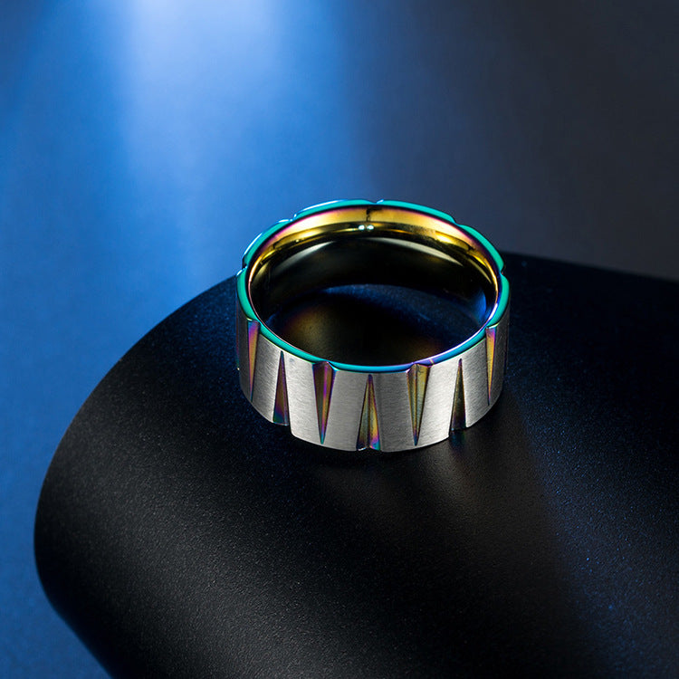 Planderful Titanium Steel Ring Geometric Color Stripes For Hip Hop Street Fashion Men Sizes 7-12