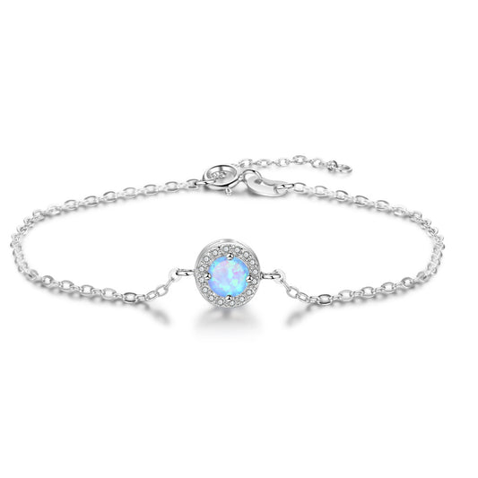 Blue Round Opal Zircon Soleste Halo Sterling Silver Bracelet