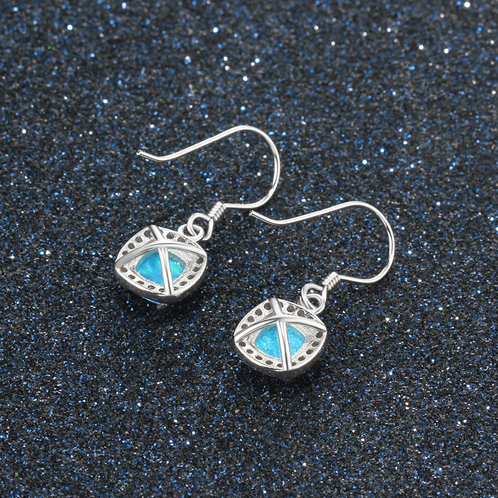 Cushion Cut Blue Opal Pendant Zircon Soleste Halo Sterling Silver Hook Earrings