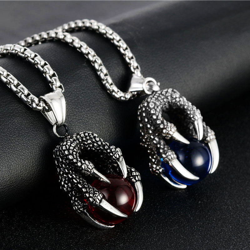 Titanium Steel Dragon Claw Pendant Necklace for Men - Retro Stainless Steel Design with Gemstone Accent