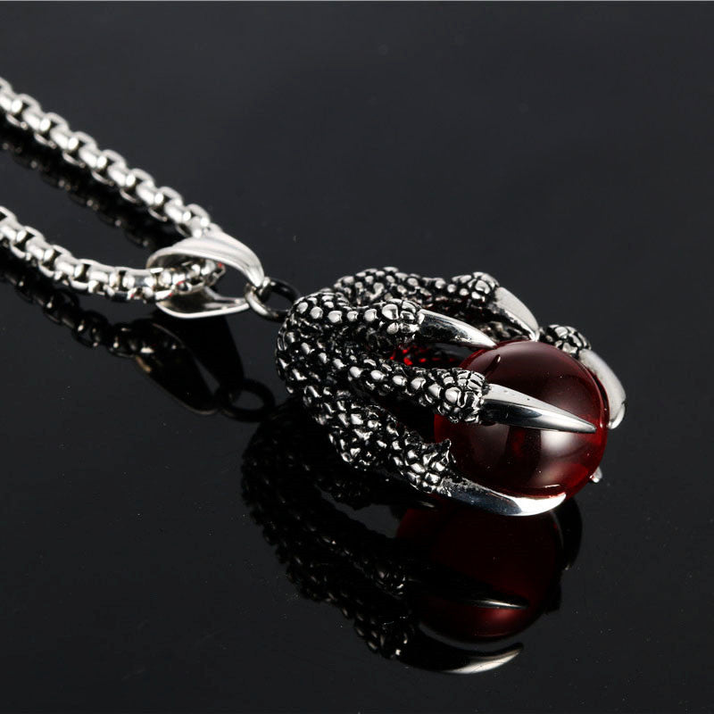 Titanium Steel Dragon Claw Pendant Necklace for Men - Retro Stainless Steel Design with Gemstone Accent