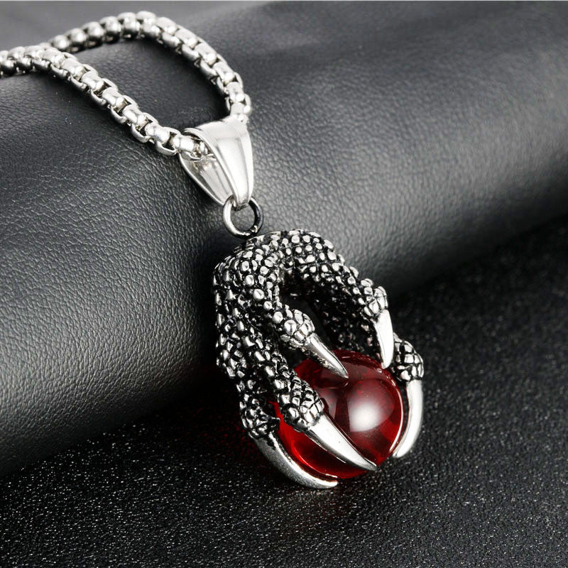 Titanium Steel Dragon Claw Pendant Necklace for Men - Retro Stainless Steel Design with Gemstone Accent