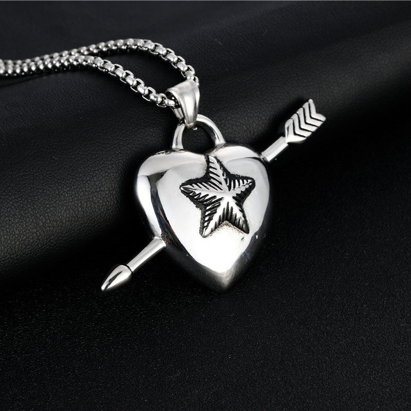 Trendy Titanium Steel Heart Lock Pendant with Retro Pentagram Necklace for Men
