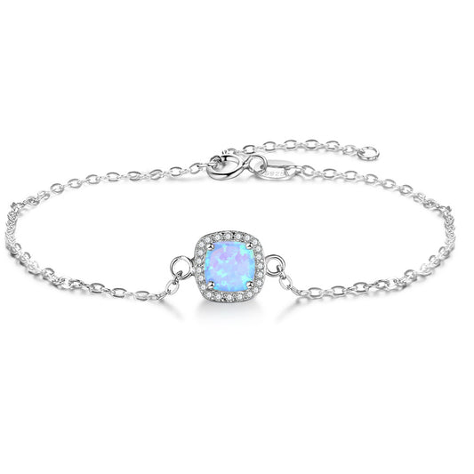 Square Blue Opal Zircon Soleste Halo Sterling Silver Bracelet