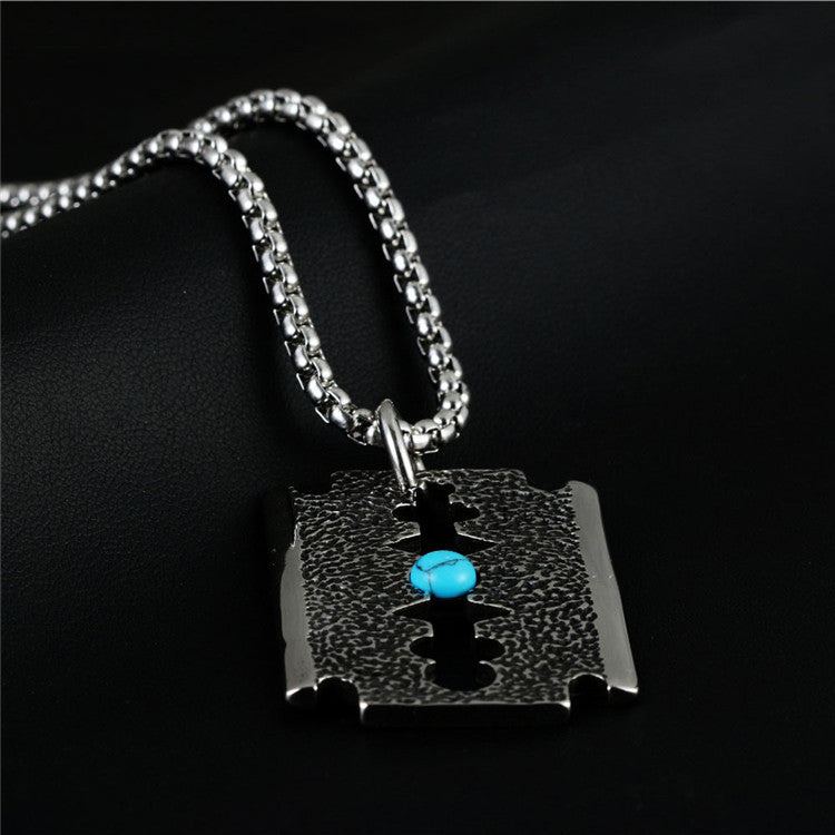 Vintage Titanium Steel Turquoise Razor Pendant Necklace for Trendy Men - Direct from Manufacturer