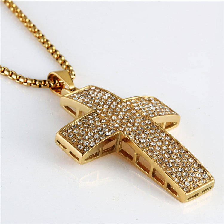 Hot Selling New Titanium Steel Zircon Cross Pendant Necklace