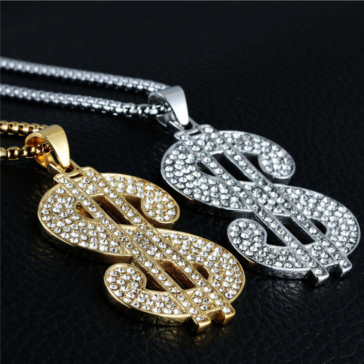 Trendy Titanium Steel Dollar Symbol Pendant Necklace for Men and Women with Full Zircon Accents