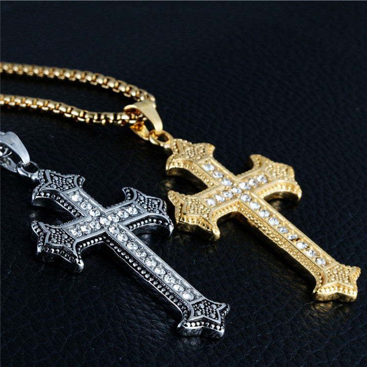 Trendy Titanium Steel Zircon Cross Pendant Necklace for Men and Women - Hip Hop Style