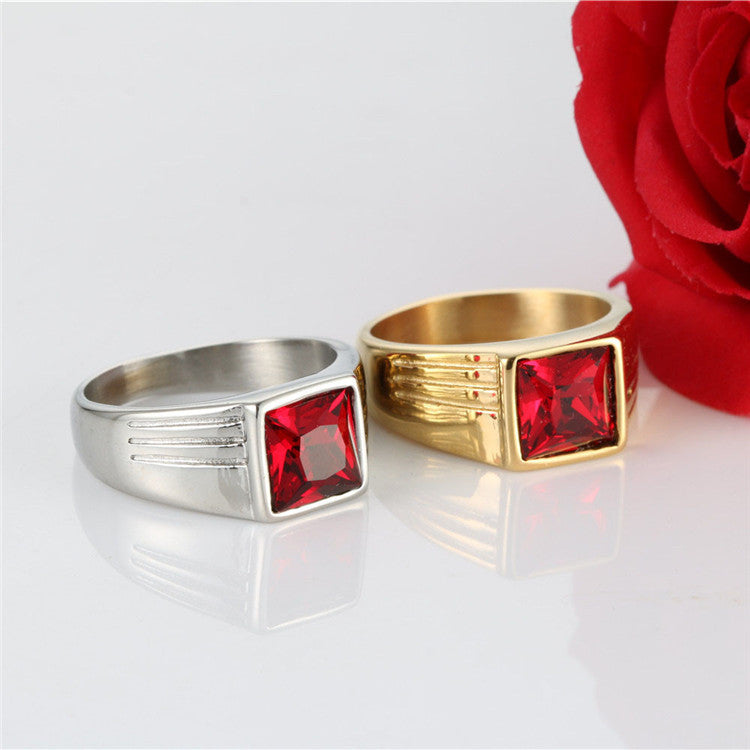 Planderful Titanium Steel Zircon Ring Unisex Square Red Inlay Statement Band Personalized For Men And Women