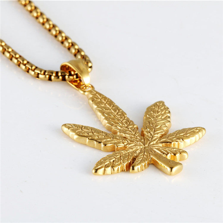 Titanium Steel Maple Leaf Pendant Necklace - Trendy Hip-Hop Design for Men and Women