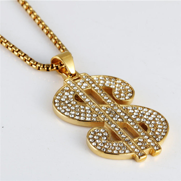 Trendy Titanium Steel Dollar Symbol Pendant Necklace for Men and Women with Full Zircon Accents