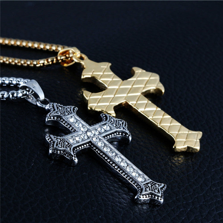 Trendy Titanium Steel Zircon Cross Pendant Necklace for Men and Women - Hip Hop Style