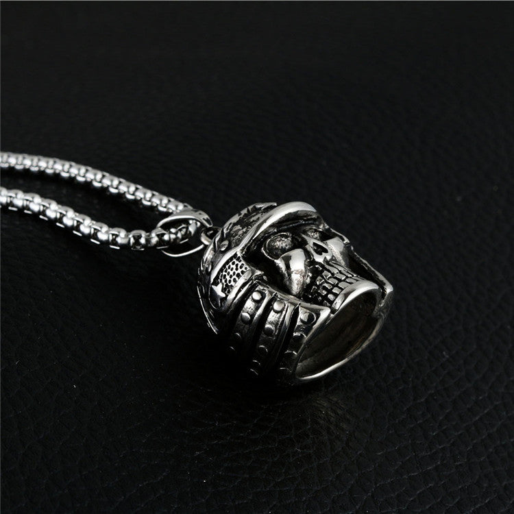 Custom Titanium Steel Skull Helmet Pendant Necklace - Trendy Retro Motorcycle Accessory for Men