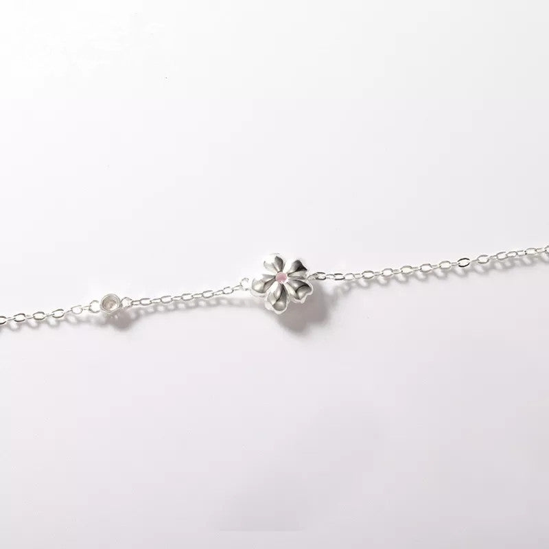 Elegant Sterling Silver Cherry Blossom Bracelet with Pink Crystal for Women's Fashion