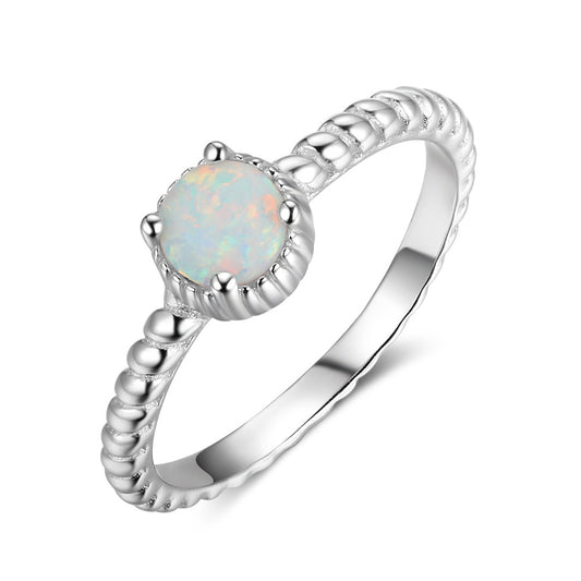 Vintage Round Opal Woven Style Sterling Silver Ring
