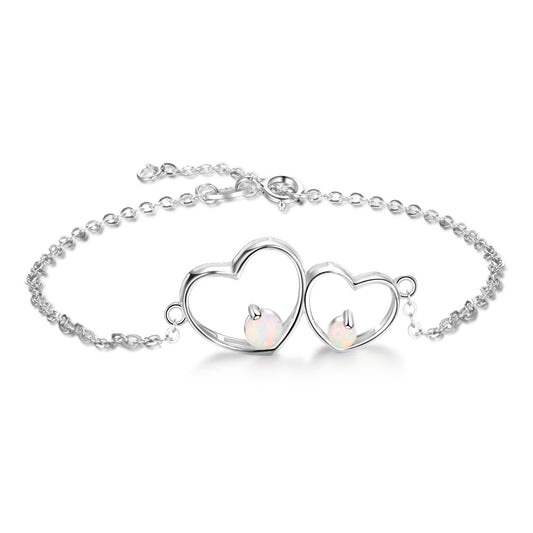 Round Opal Double Hollow Heart Shape Sterling Silver Bracelet