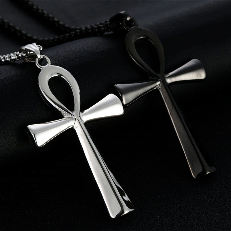 Titanium Steel Cross Pendant Necklace with Ancient Egyptian Amulet Design for Men and Women